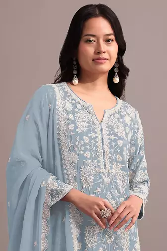Sky blue embroidered faux georgette sharara suit