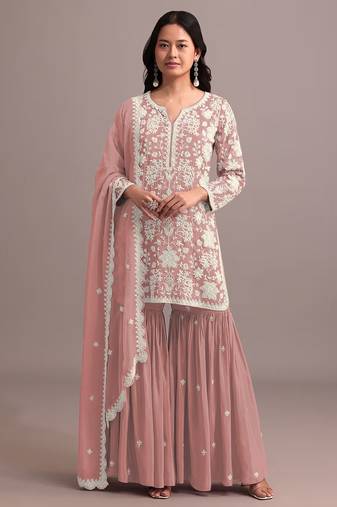 Peach embroidered faux georgette semi stitched sharara suit