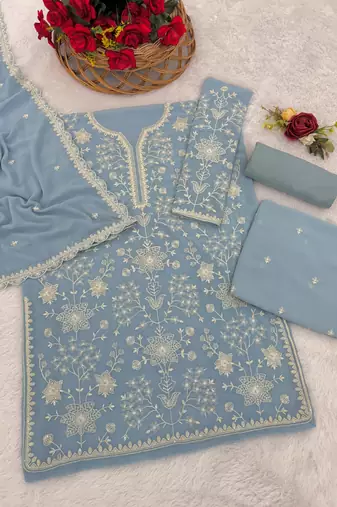 Sky blue embroidered faux georgette sharara suit