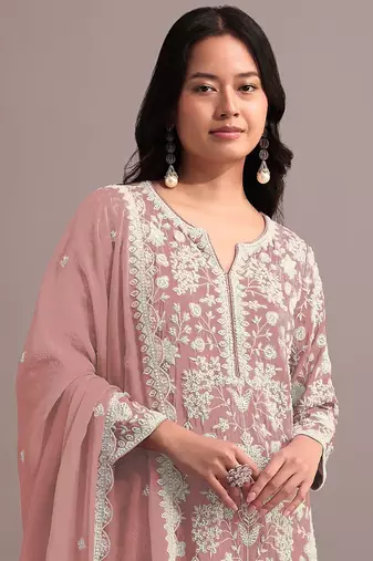 Peach embroidered faux georgette sharara suit
