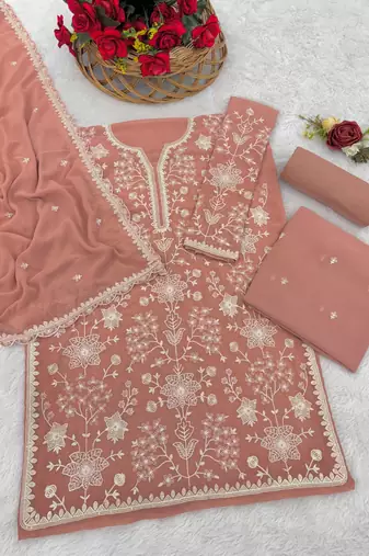 Peach embroidered faux georgette sharara suit