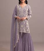 Purple embroidered faux georgette semi stitched sharara suit