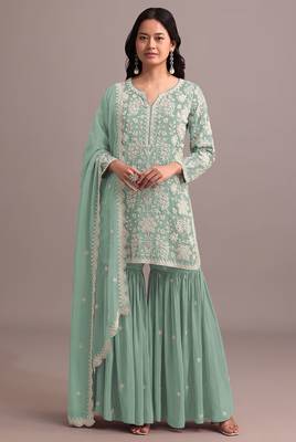 Green embroidered faux georgette sharara suit 1