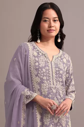 Purple embroidered faux georgette sharara suit
