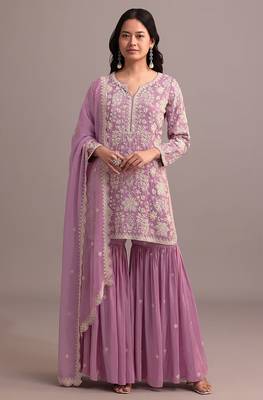 Pink embroidered faux georgette sharara suit 1