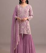 Pink embroidered faux georgette semi stitched sharara suit