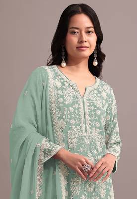 Green embroidered faux georgette sharara suit 2