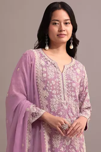 Pink embroidered faux georgette sharara suit