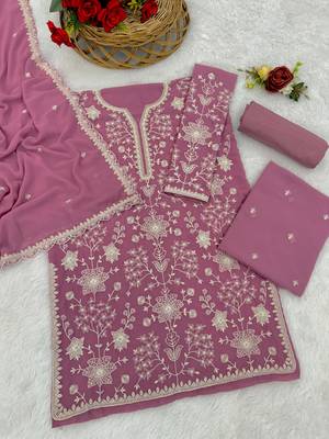 Pink embroidered faux georgette sharara suit 3