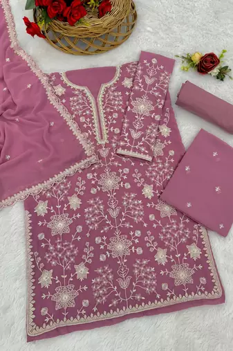 Pink embroidered faux georgette sharara suit