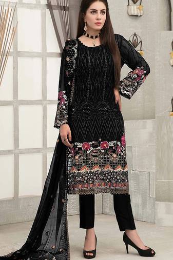 Black embroidered faux georgette semi stitched sharara suit