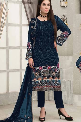 Blue embroidered faux georgette semi stitched sharara suit