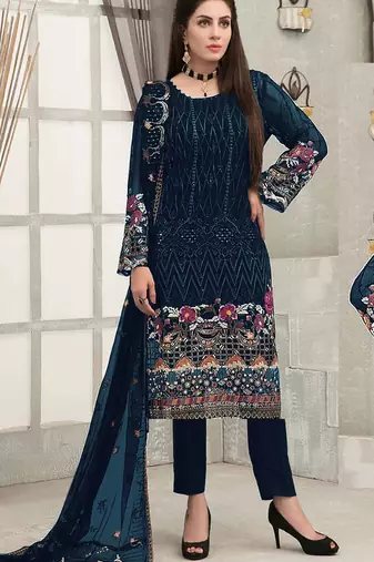 Blue embroidered faux georgette semi stitched sharara suit