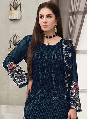 Blue embroidered faux georgette sharara suit 2