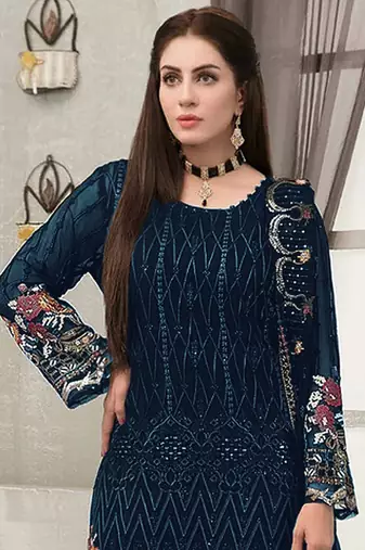 Blue embroidered faux georgette sharara suit