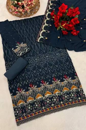 Blue embroidered faux georgette sharara suit