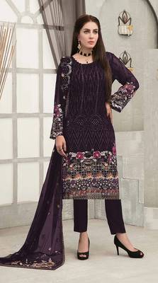 Purple embroidered faux georgette sharara suit 1