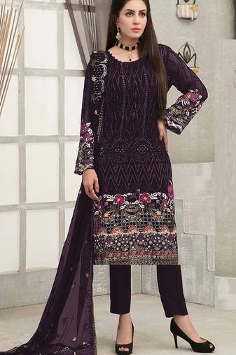 Purple embroidered faux georgette semi stitched sharara suit