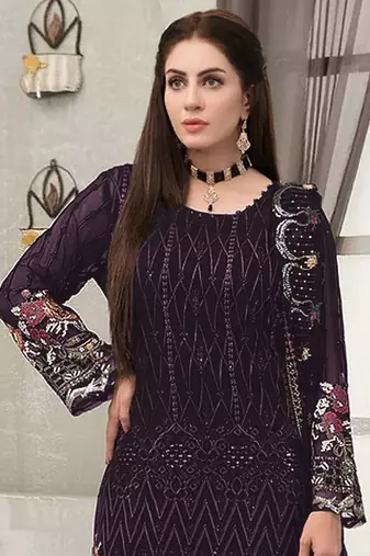 Purple embroidered faux georgette sharara suit