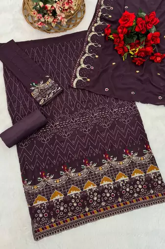 Purple embroidered faux georgette sharara suit