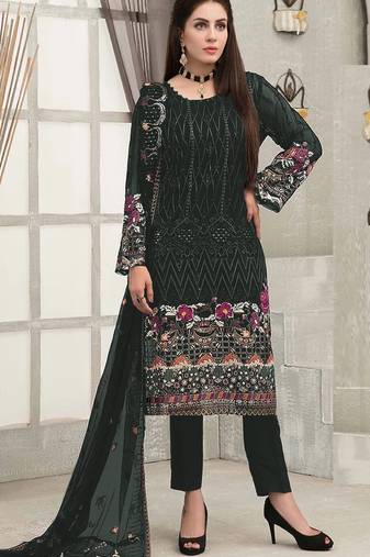Green embroidered faux georgette semi stitched sharara suit