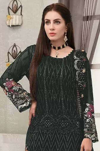 Green embroidered faux georgette sharara suit