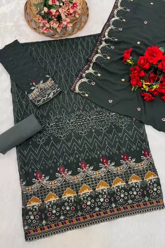 Green embroidered faux georgette sharara suit