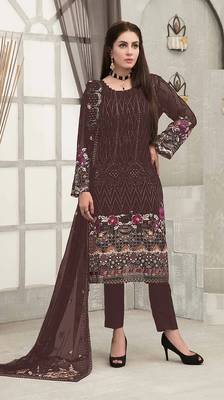 Coffee embroidered faux georgette sharara suit 1