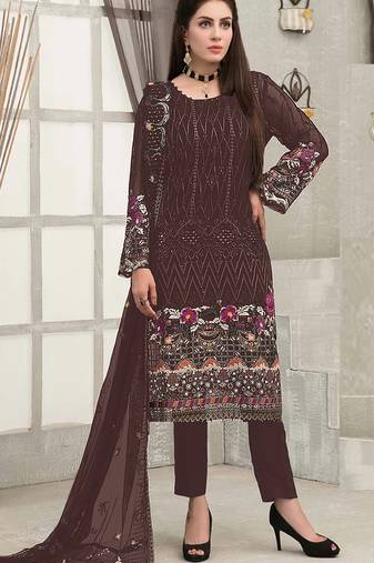 Coffee embroidered faux georgette semi stitched sharara suit