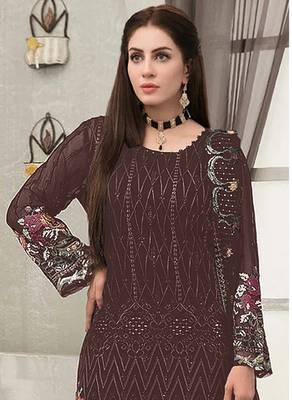 Coffee embroidered faux georgette sharara suit 2