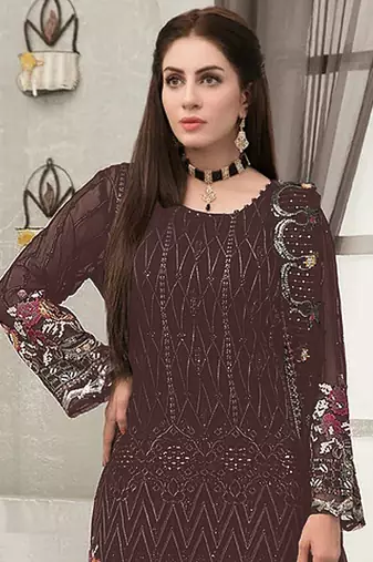Coffee embroidered faux georgette sharara suit
