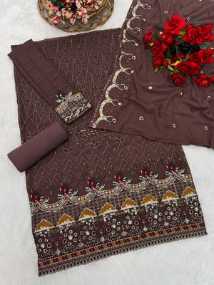 Coffee embroidered faux georgette sharara suit 3