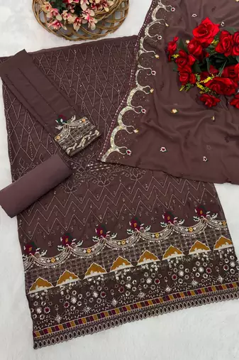 Coffee embroidered faux georgette sharara suit