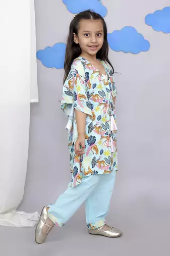 Blue tiger print kaftan kurta set