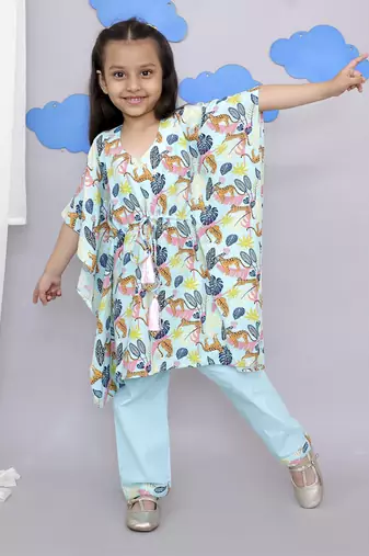 Blue tiger print kaftan kurta set