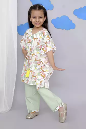 White tiger print kaftan kurta set