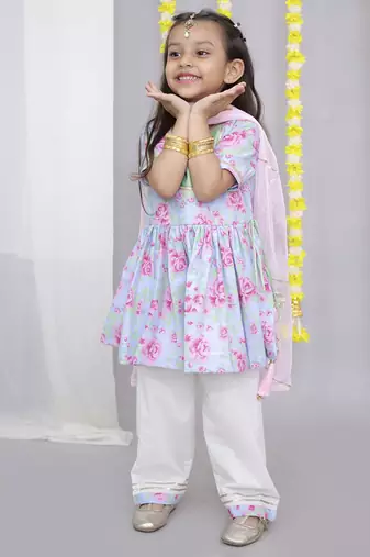 Pink rose print angrakha set