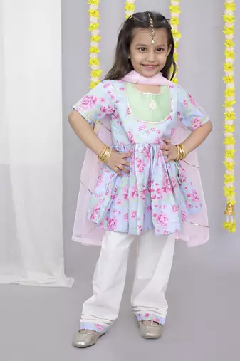 Pink rose print angrakha set