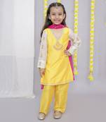 Mustard white chanderi emb kurta set
