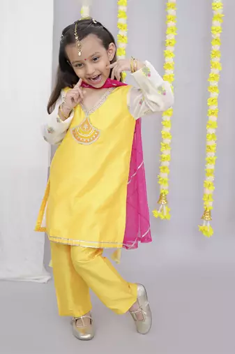 Mustard white chanderi emb kurta set