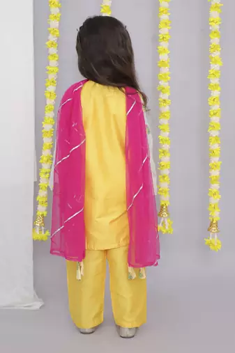 Mustard white chanderi emb kurta set
