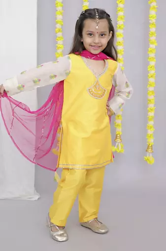Mustard white chanderi emb kurta set