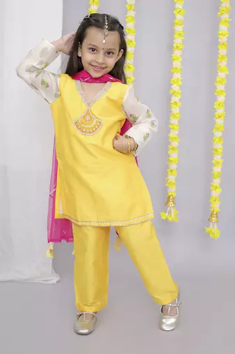 Mustard white chanderi emb kurta set