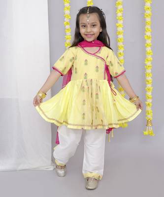 Yellow chanderi angrakha set 1
