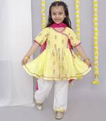 Yellow chanderi angrakha set