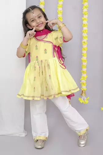 Yellow chanderi angrakha set