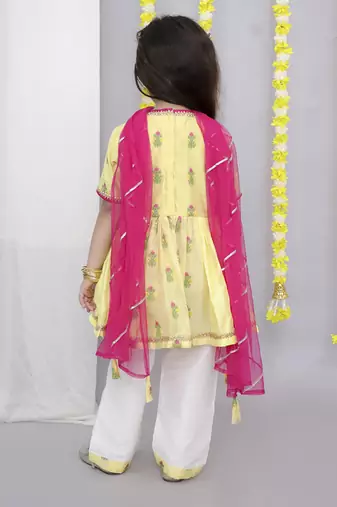 Yellow chanderi angrakha set