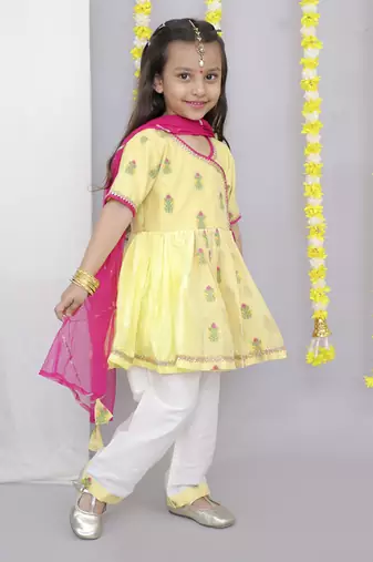 Yellow chanderi angrakha set