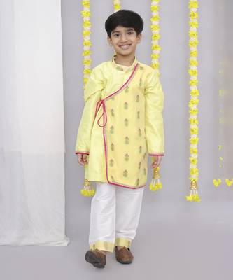 Yellow chanderi boy angrakha with pyjama 1