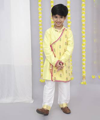 Yellow chanderi boy angrakha with pyjama 2